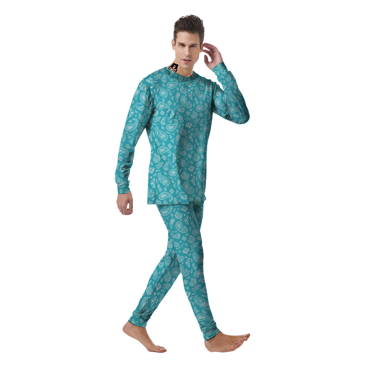 Aqua Paisley Bandana Print Men's Pajamas-grizzshop