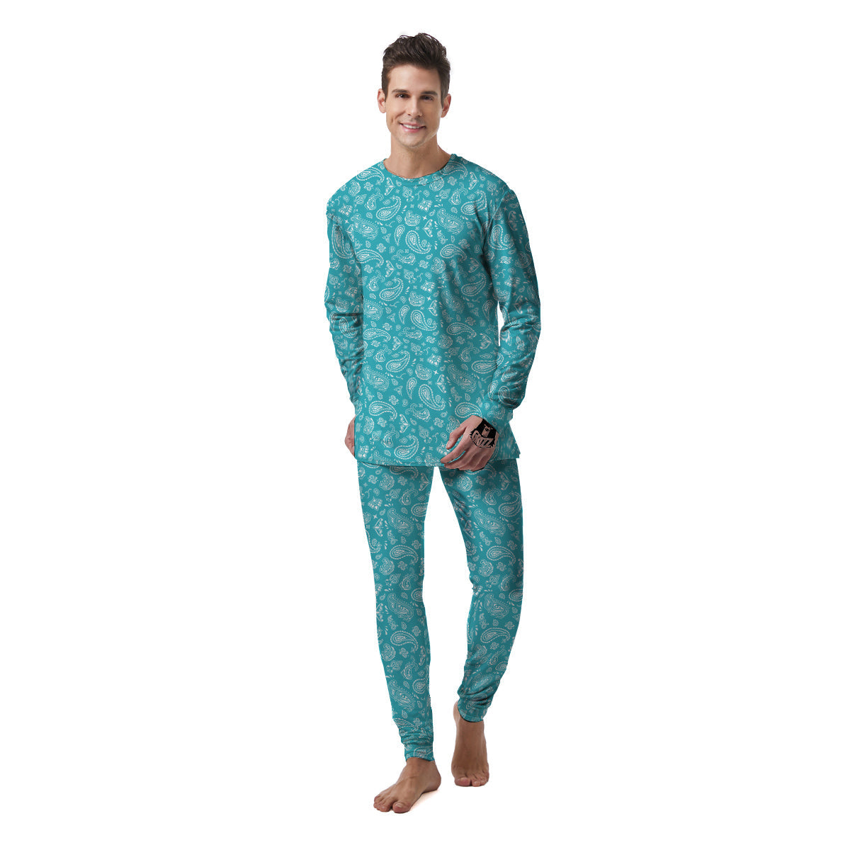 Aqua Paisley Bandana Print Men's Pajamas-grizzshop