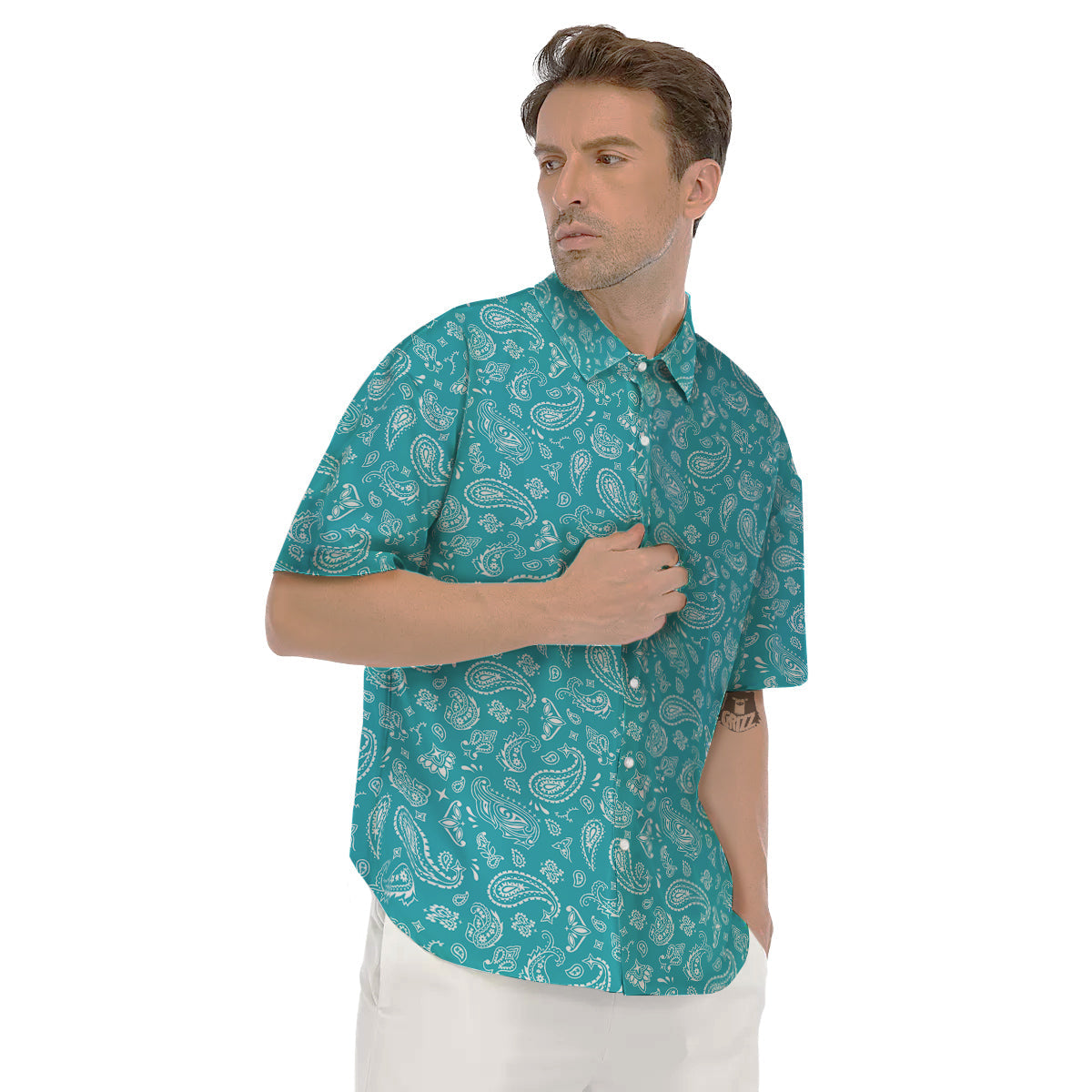 Aqua Paisley Bandana Print Men's Short Sleeve Shirts-grizzshop