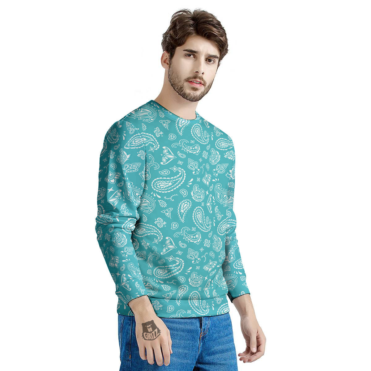 Aqua Paisley Bandana Print Men's Sweatshirt-grizzshop