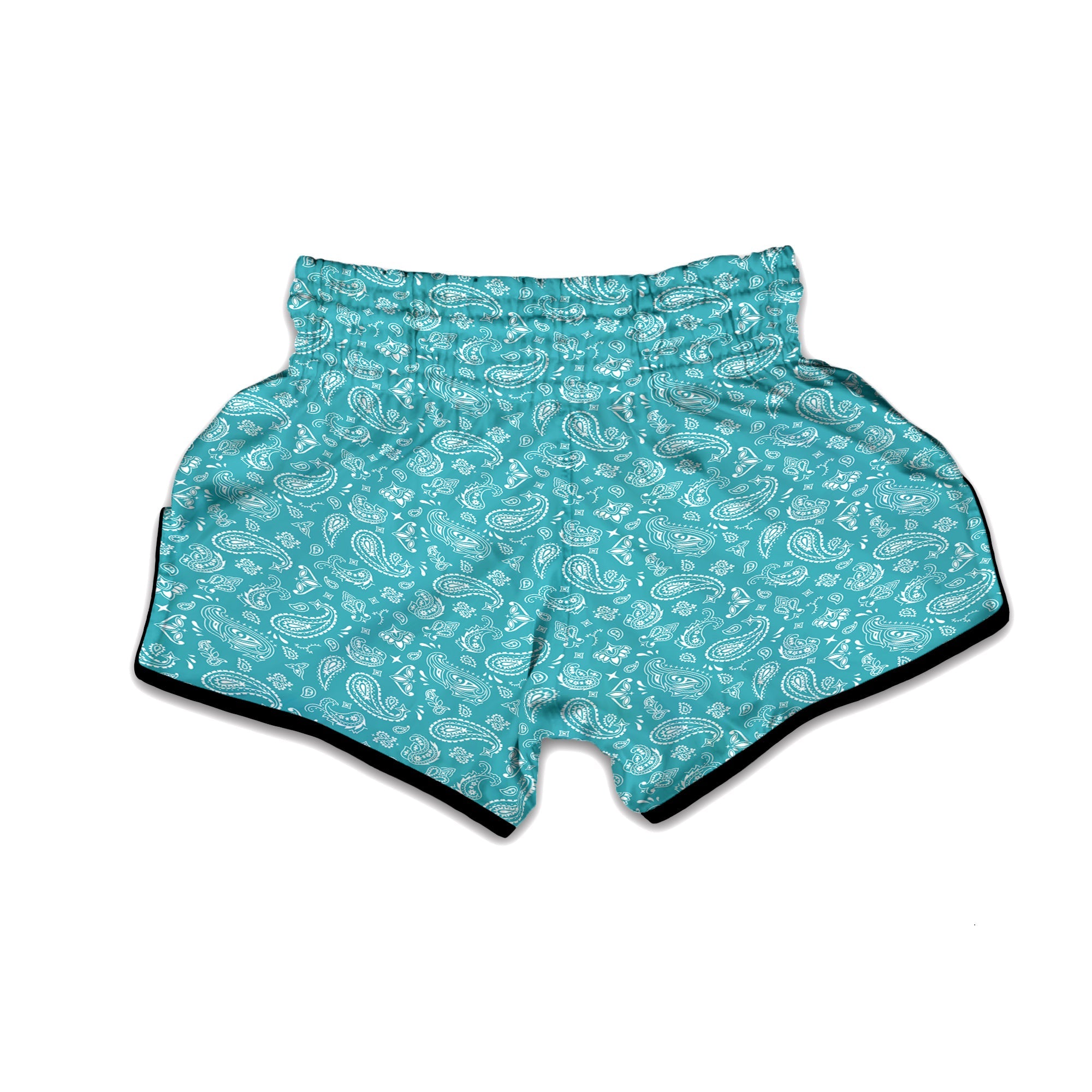 Aqua Paisley Bandana Print Muay Thai Boxing Shorts-grizzshop