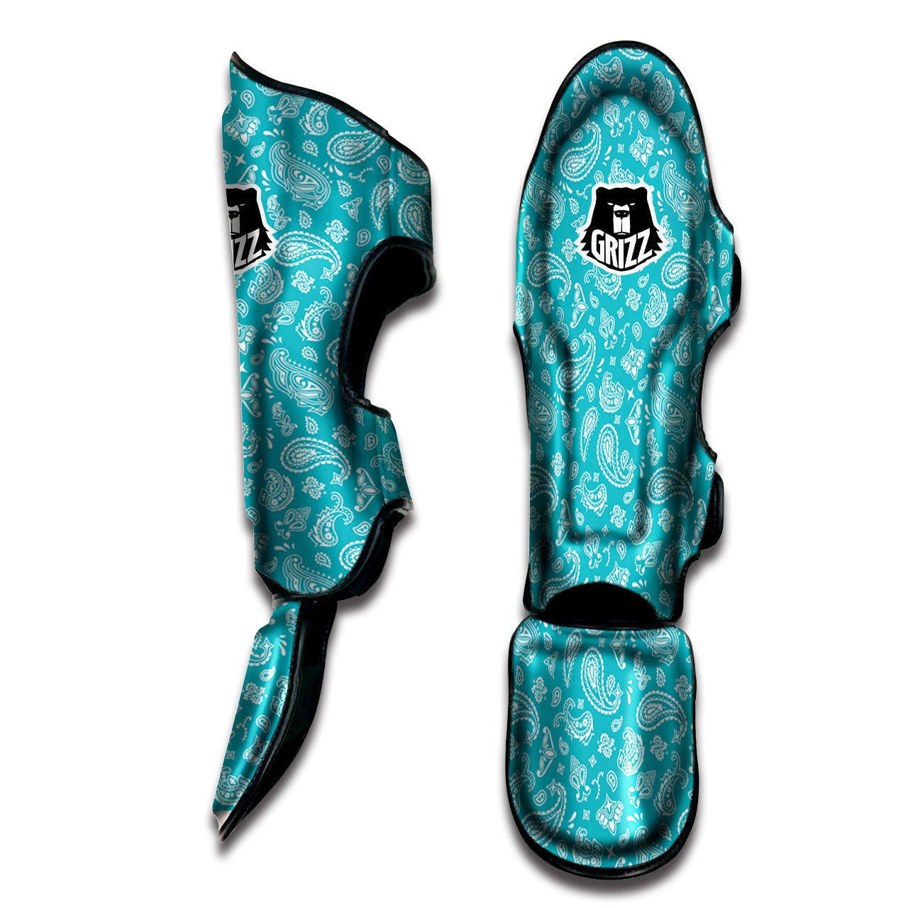 Aqua Paisley Bandana Print Muay Thai Shin Guards-grizzshop