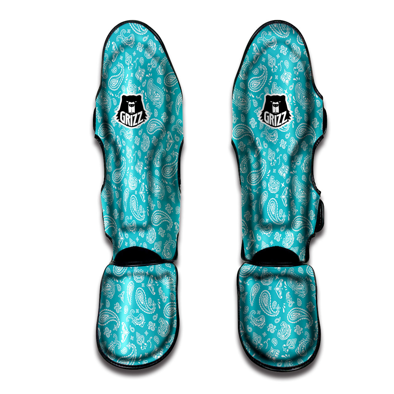 Aqua Paisley Bandana Print Muay Thai Shin Guards-grizzshop