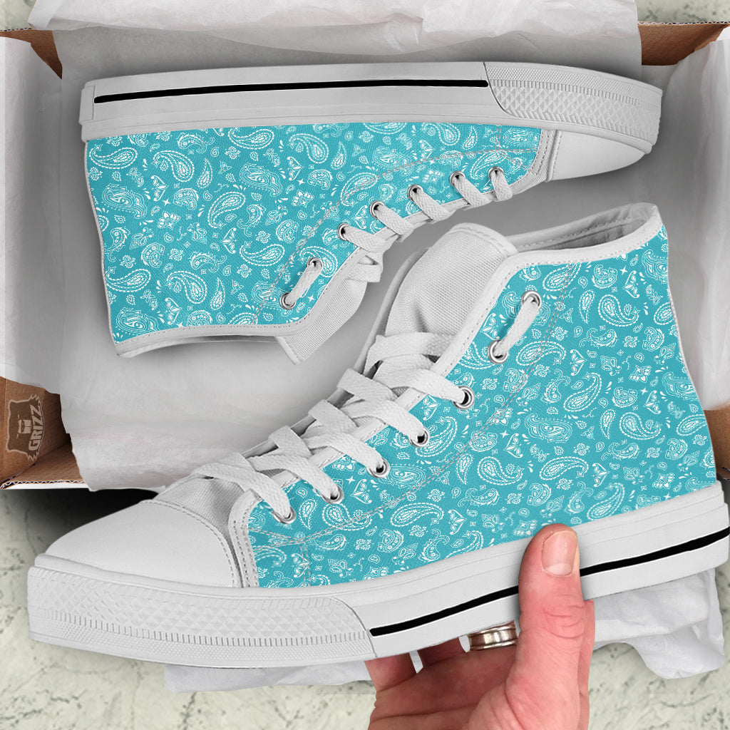 Aqua Paisley Bandana Print White High Top Shoes-grizzshop