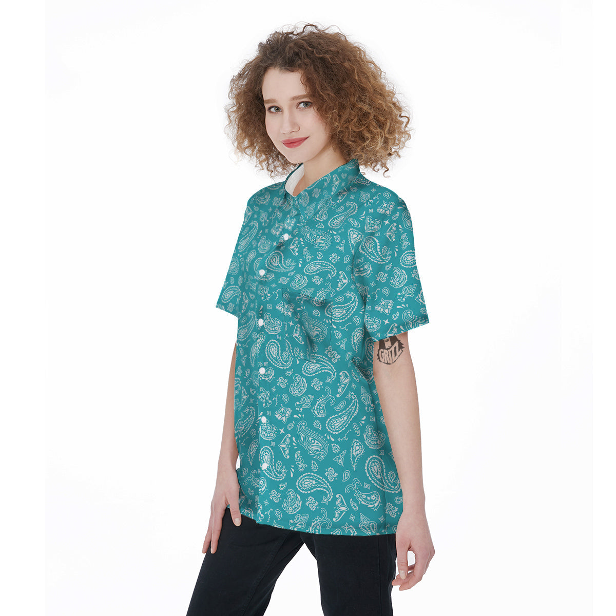 Aqua Paisley Bandana Print Women's Short Sleeve Shirts-grizzshop