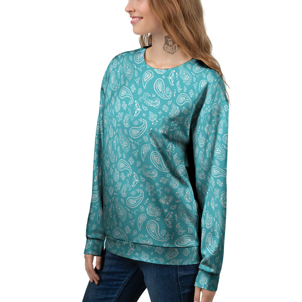 Aqua Paisley Bandana Print Women's Sweatshirt-grizzshop