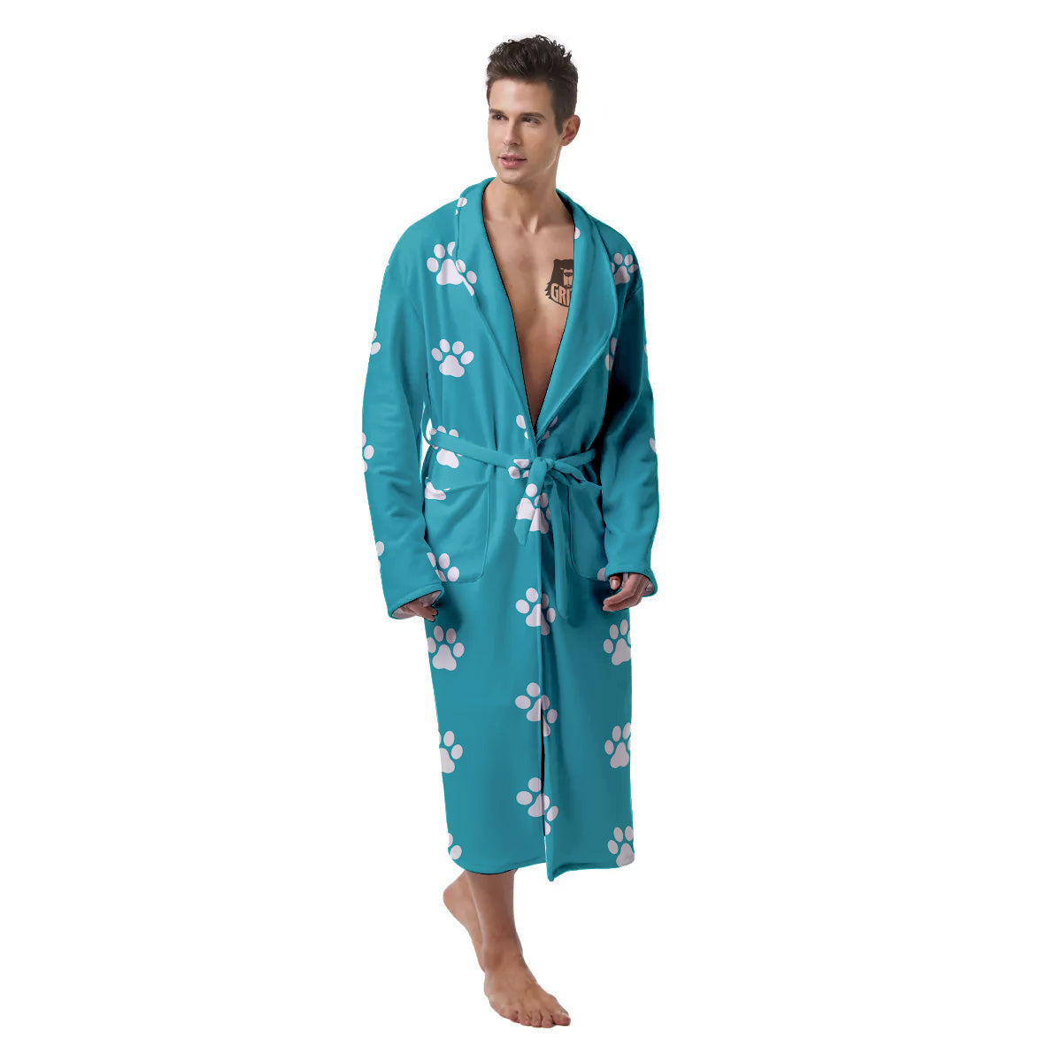Aqua Paw Print Men's Robe-grizzshop
