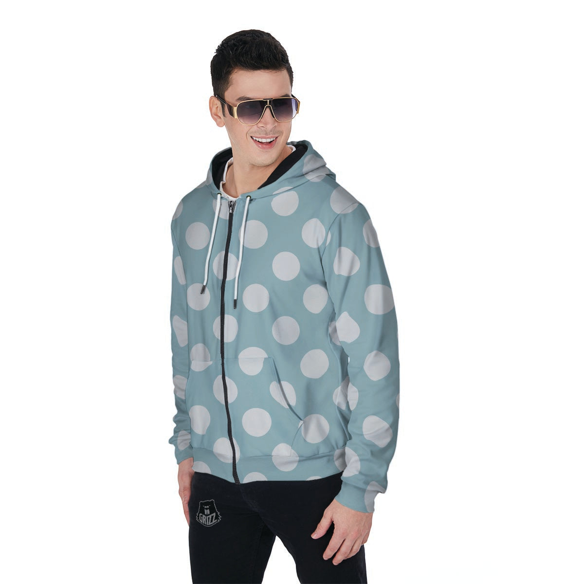 Aqua Polka Dot Men's Zip Up Hoodie-grizzshop