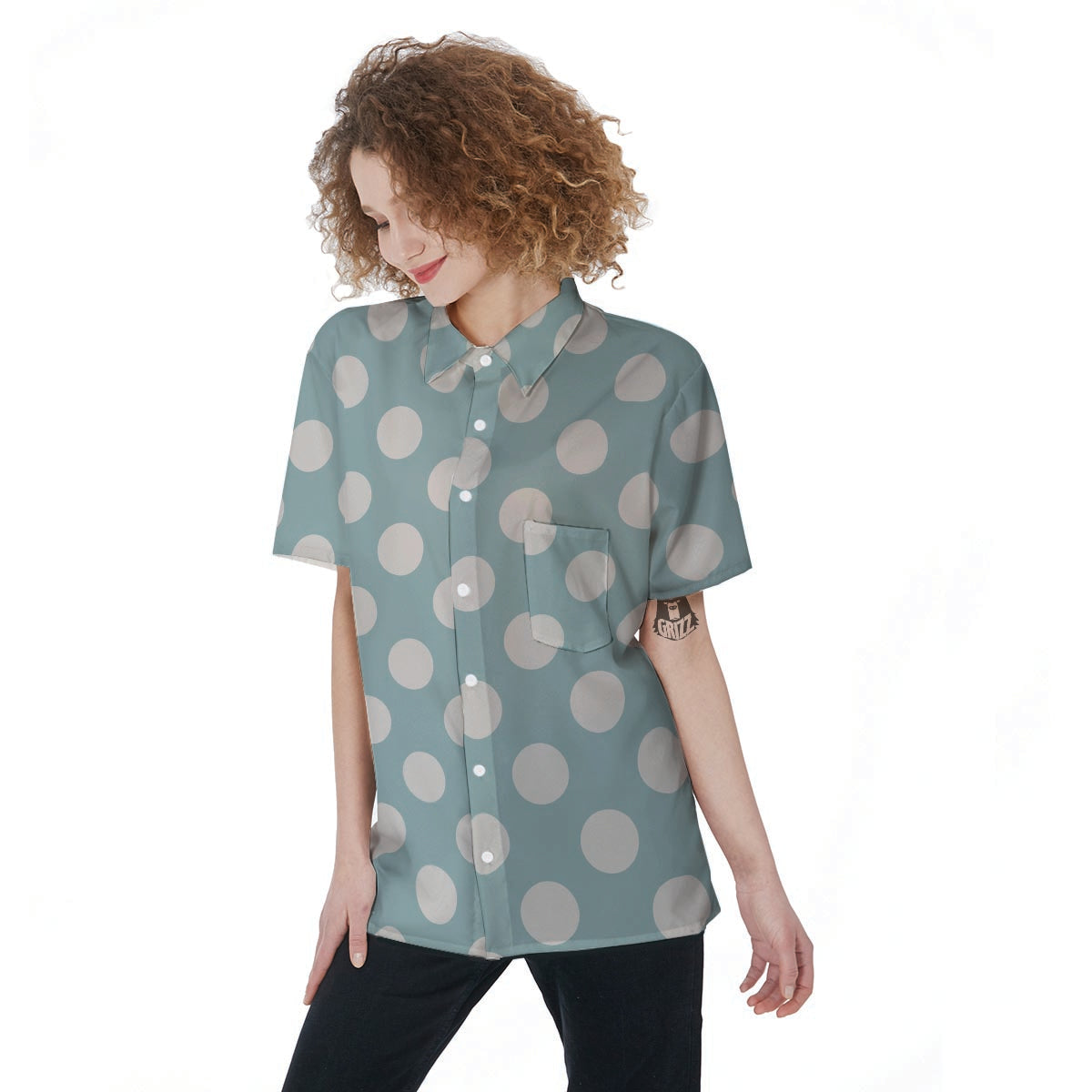 Aqua Polka Dot Women's Short Sleeve Shirts-grizzshop