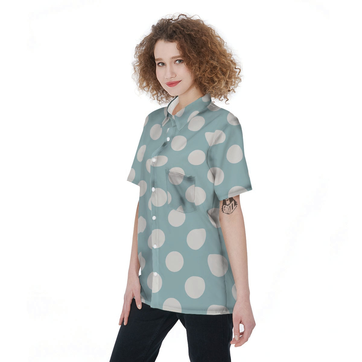 Aqua Polka Dot Women's Short Sleeve Shirts-grizzshop