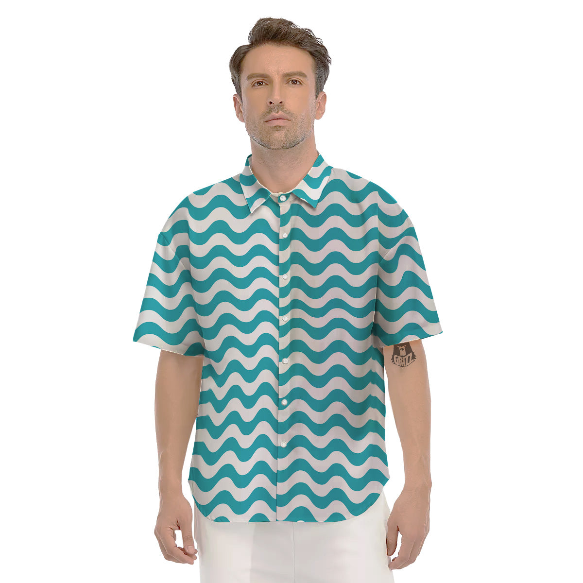 Aqua Wave Striped Print Men's Short Sleeve Shirts-grizzshop