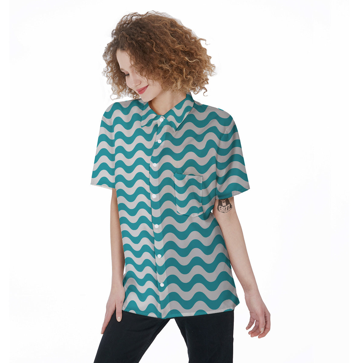 Aqua Wave Striped Print Women's Short Sleeve Shirts-grizzshop