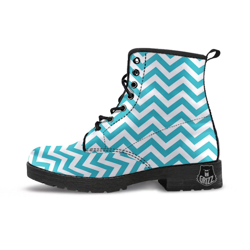Aqua Zigzag Print Pattern Leather Boots-grizzshop
