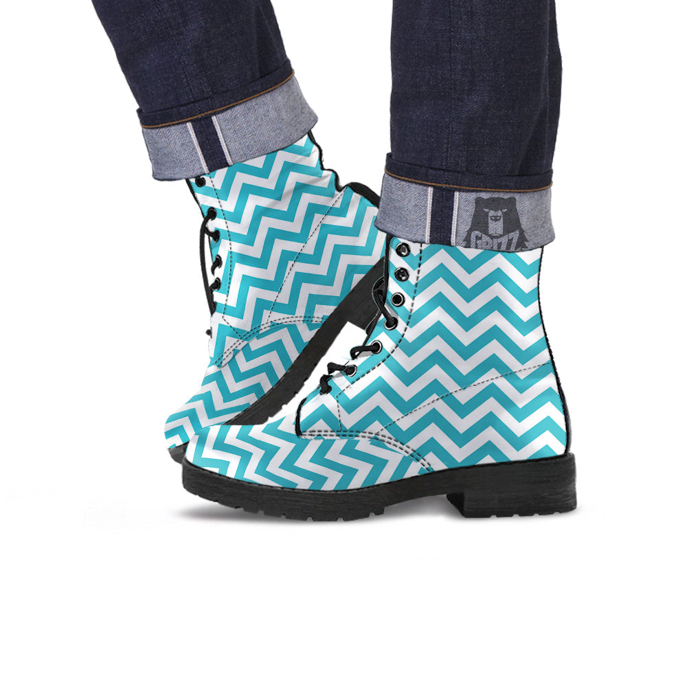 Aqua Zigzag Print Pattern Leather Boots-grizzshop