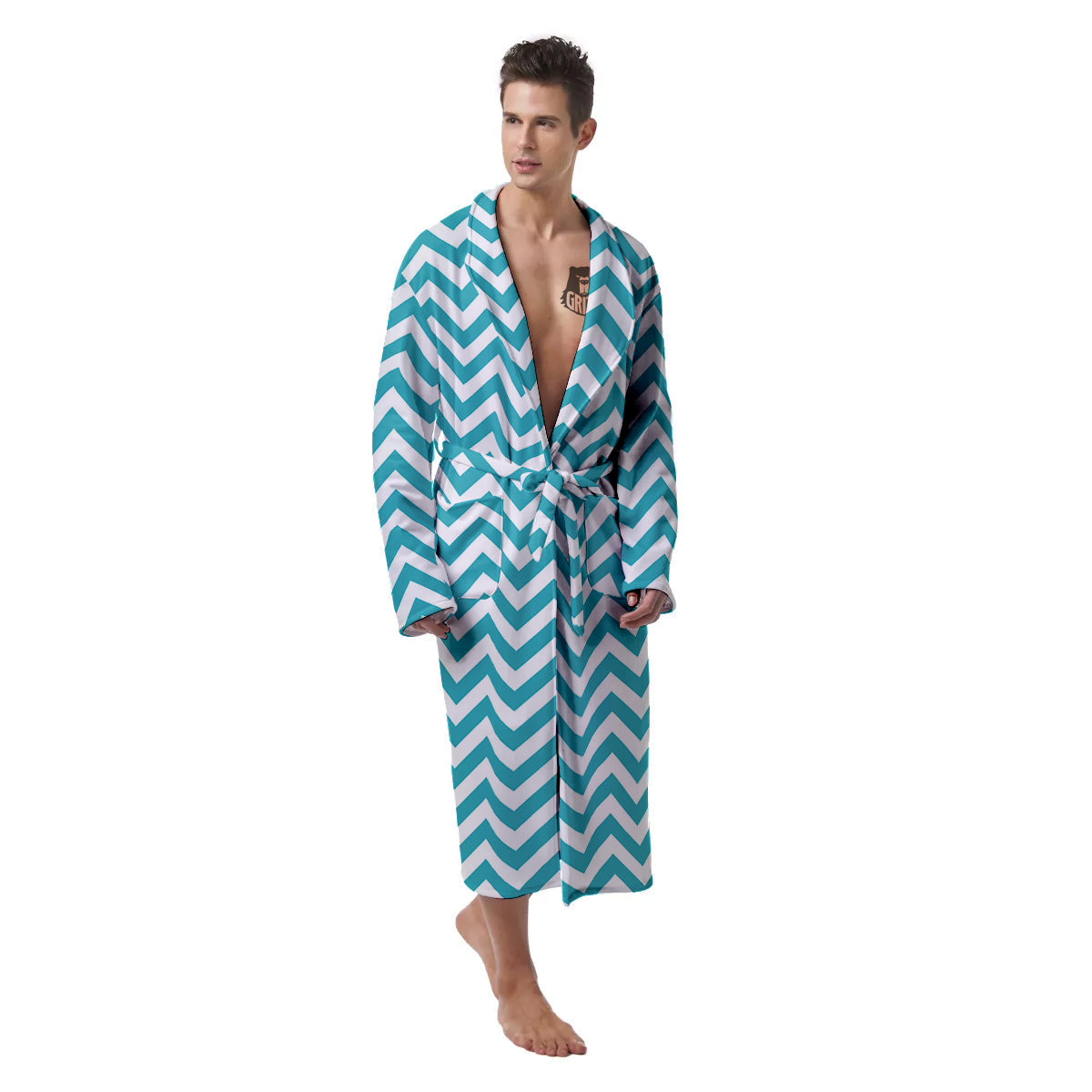Aqua Zigzag Print Pattern Men's Robe-grizzshop
