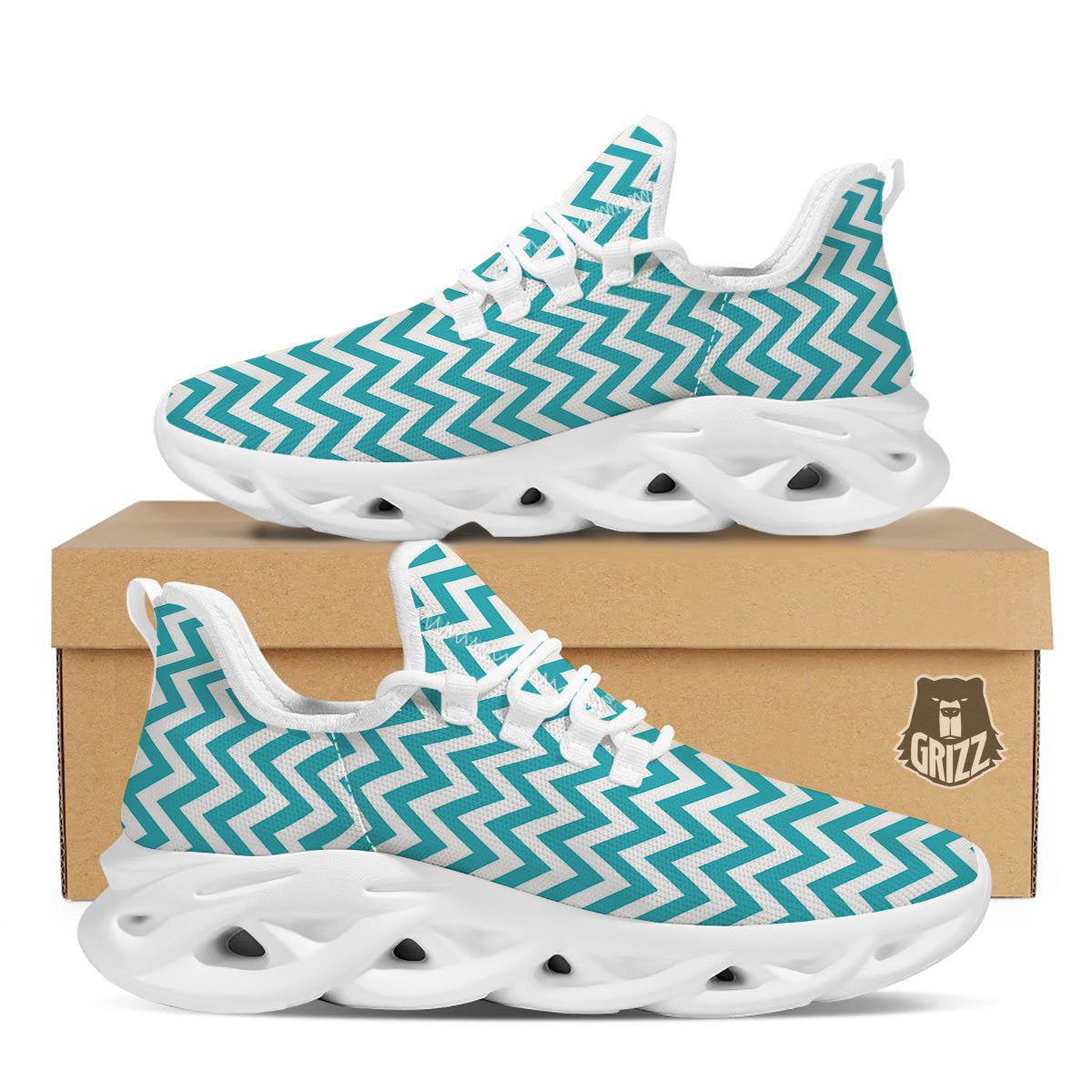 Aqua Zigzag Print Pattern White Running Shoes-grizzshop