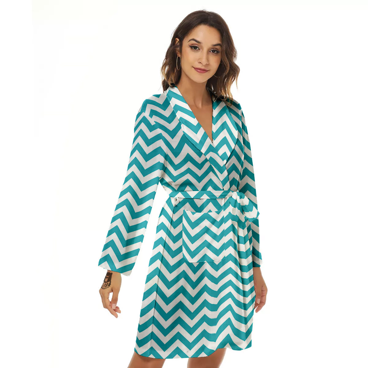 Aqua Zigzag Print Pattern Women's Robe-grizzshop