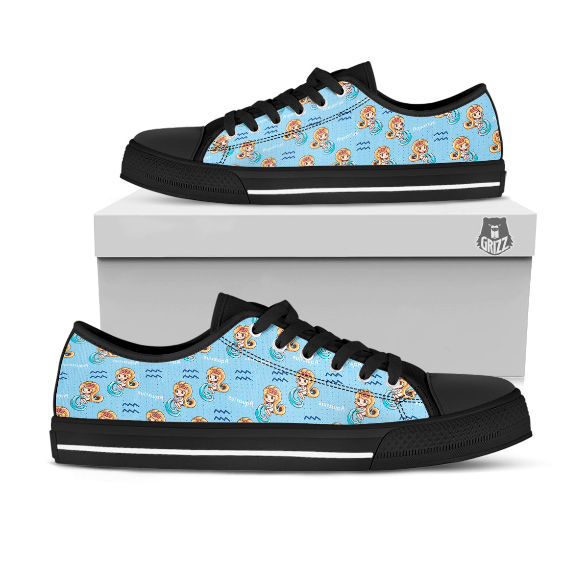 Aquarius Cute Cartoon Print Pattern Black Low Top Shoes-grizzshop