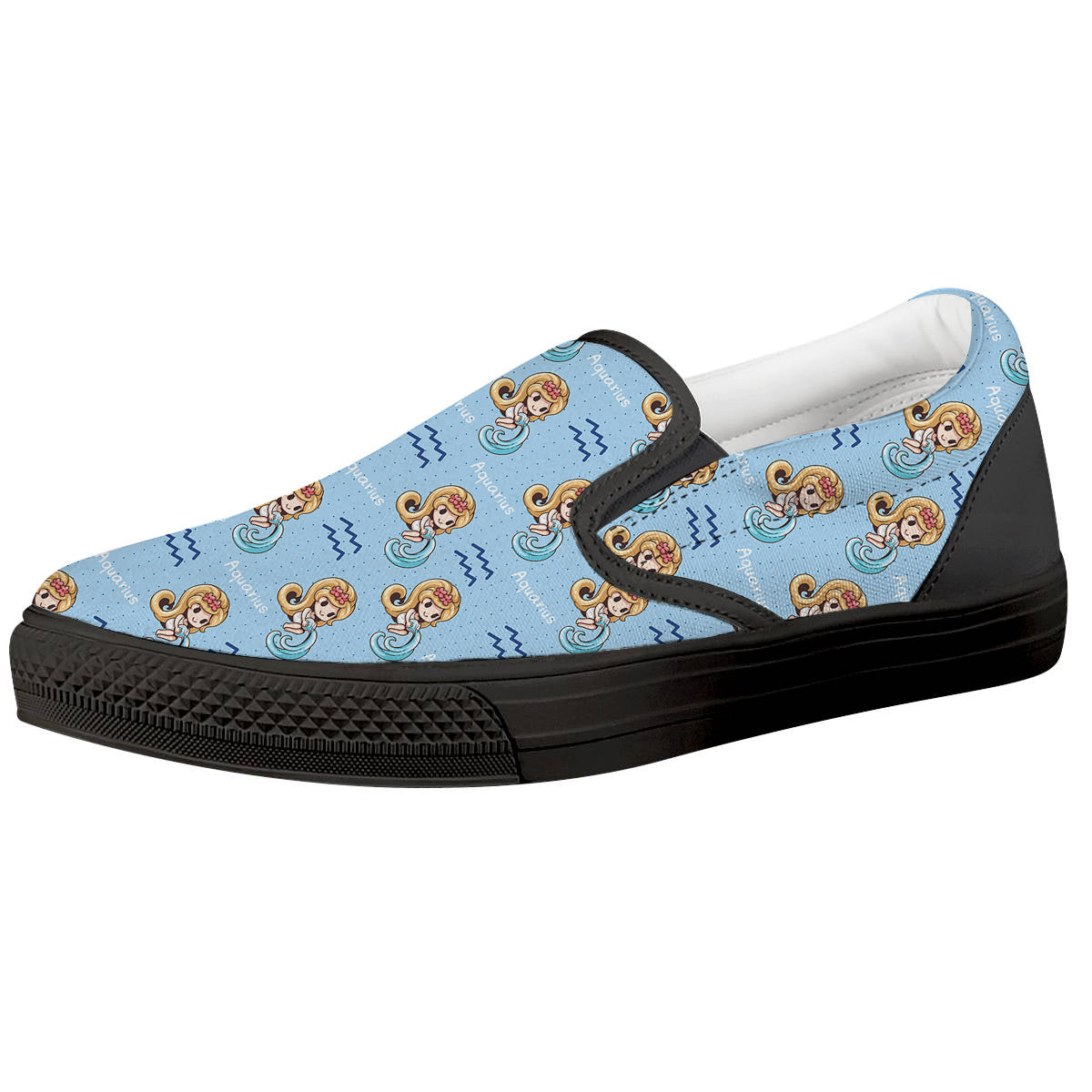 Aquarius Cute Cartoon Print Pattern Black Slip On Shoes-grizzshop
