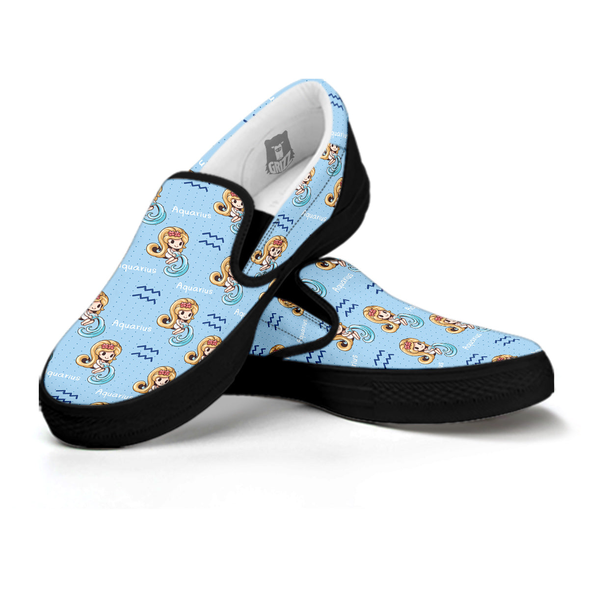 Aquarius Cute Cartoon Print Pattern Black Slip On Shoes-grizzshop