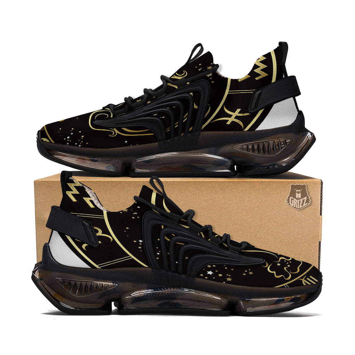 Aquarius Sign Black And Gold Print Black Gym Shoes-grizzshop