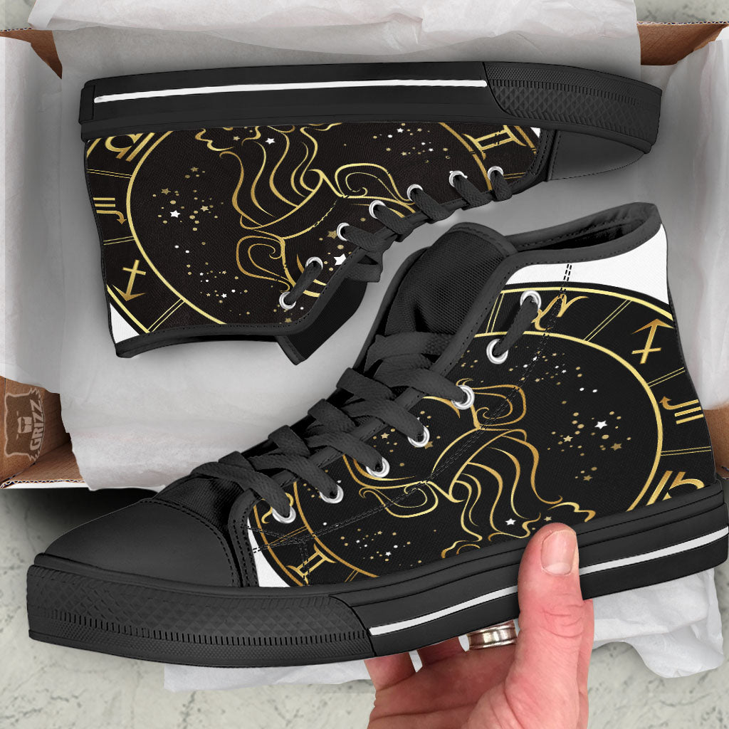 Aquarius Sign Black And Gold Print Black High Top Shoes-grizzshop