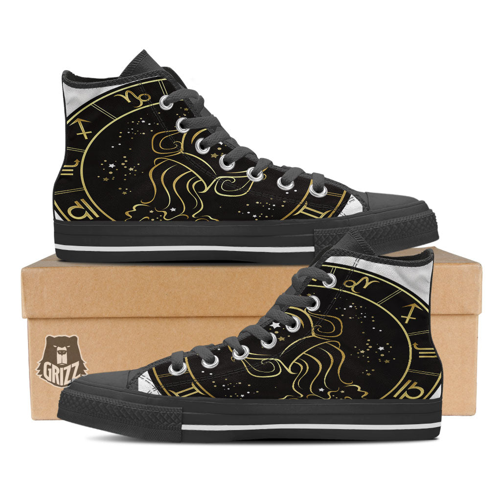 Aquarius Sign Black And Gold Print Black High Top Shoes-grizzshop