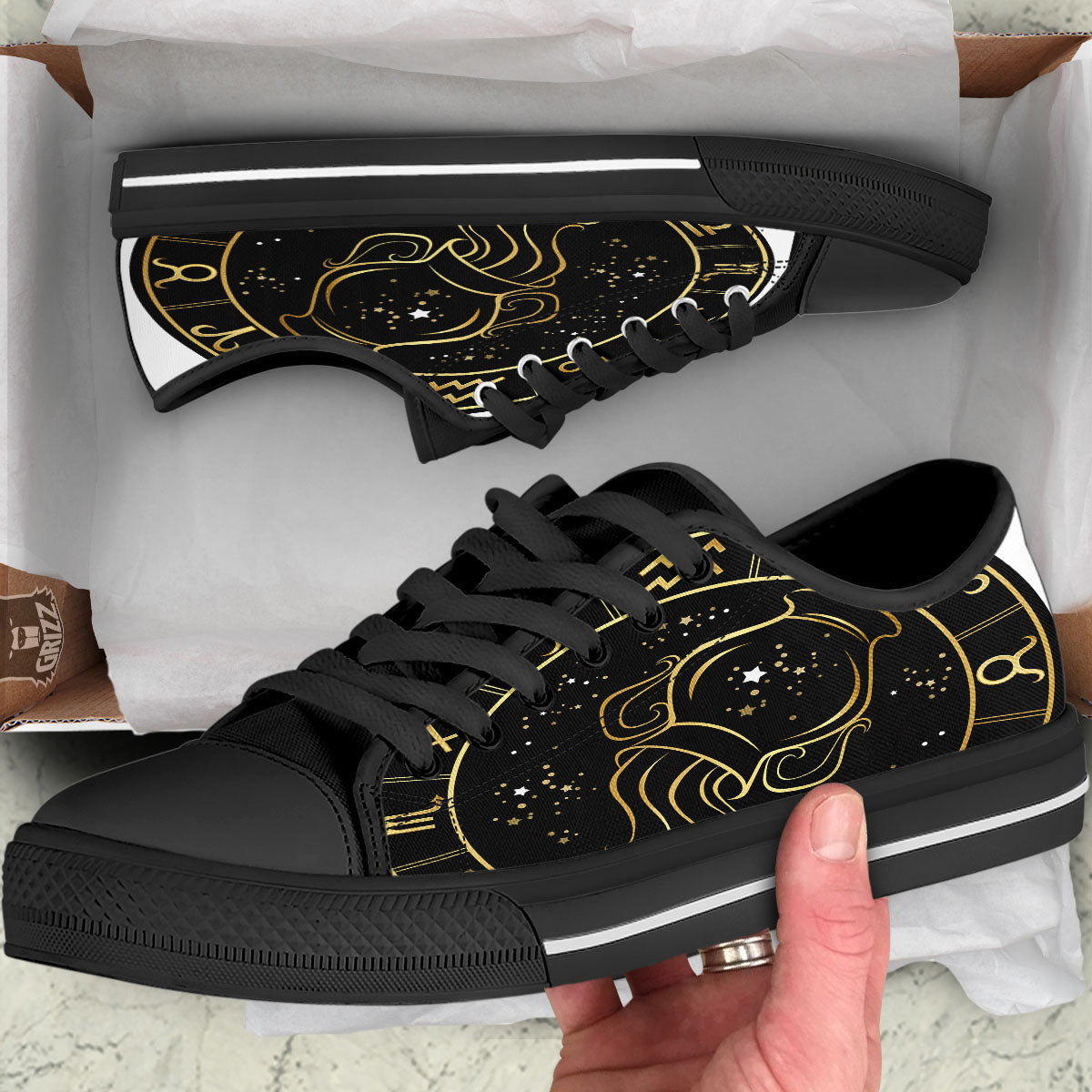 Aquarius Sign Black And Gold Print Black Low Top Shoes-grizzshop