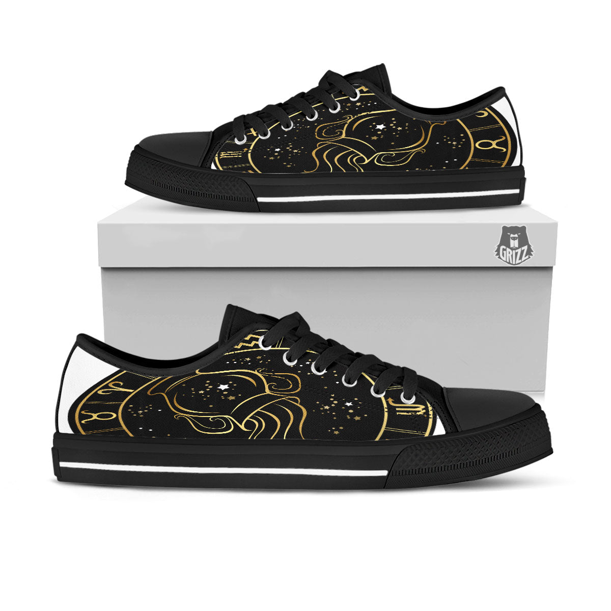 Aquarius Sign Black And Gold Print Black Low Top Shoes-grizzshop