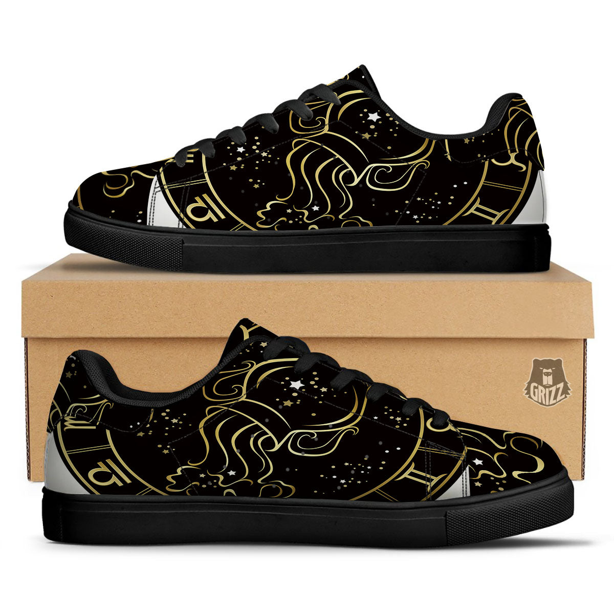 Aquarius Sign Black And Gold Print Black Low Top Sneakers-grizzshop