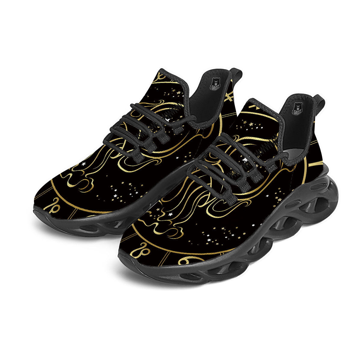 Aquarius Sign Black And Gold Print Black Running Shoes-grizzshop