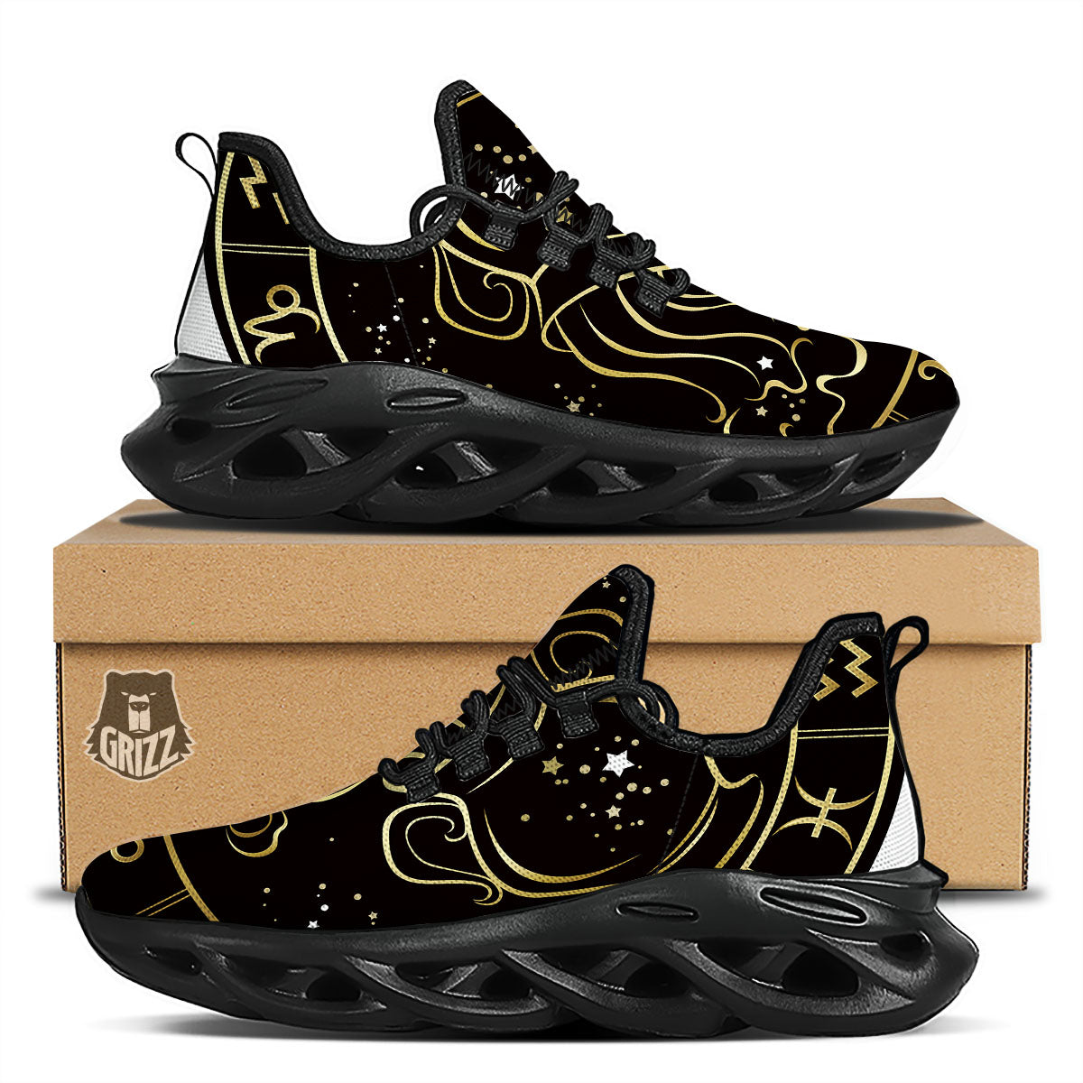 Aquarius Sign Black And Gold Print Black Running Shoes-grizzshop