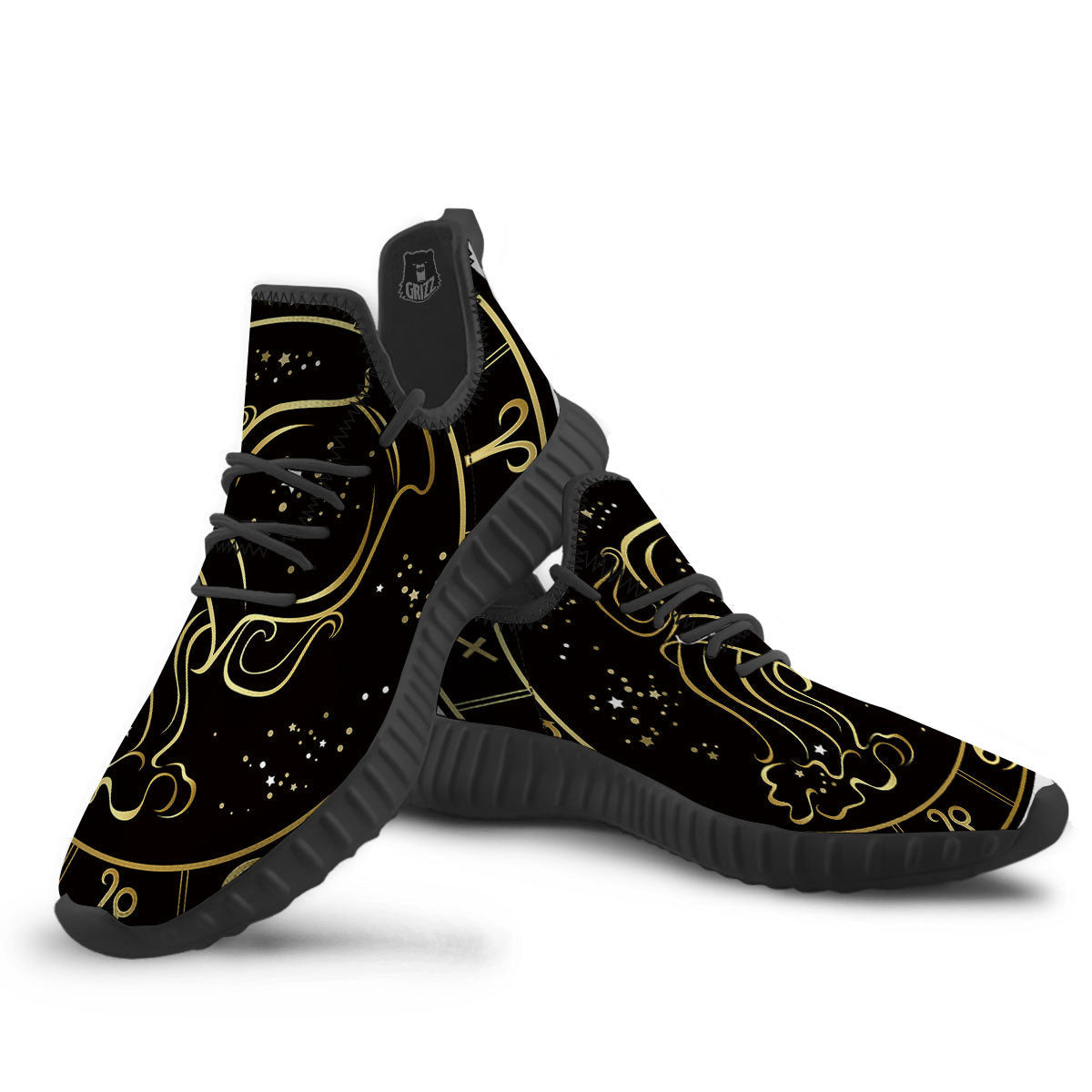 Aquarius Sign Black And Gold Print Black Walking Shoes-grizzshop