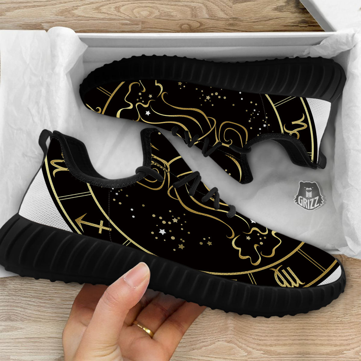 Aquarius Sign Black And Gold Print Black Walking Shoes-grizzshop