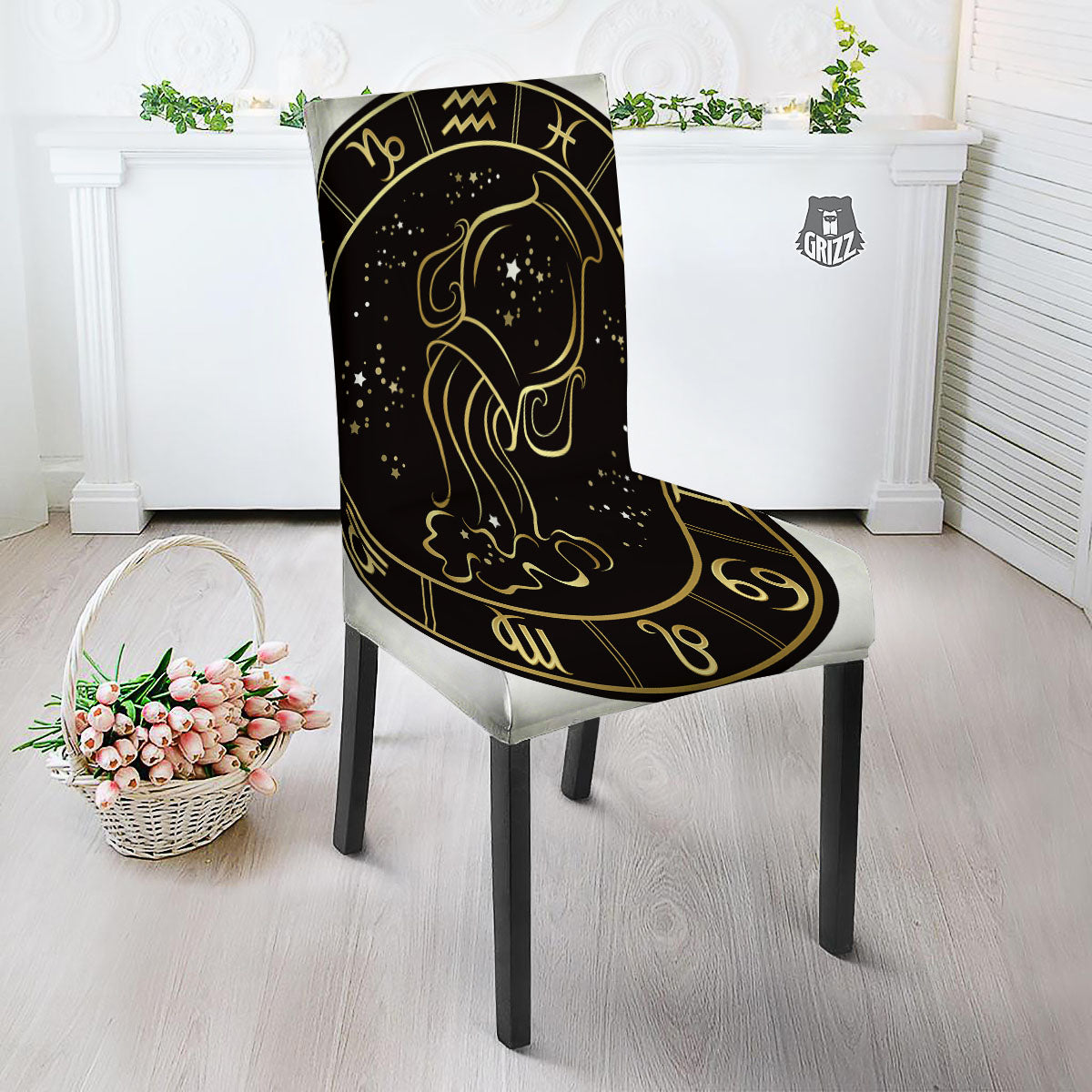 Aquarius Sign Black And Gold Print Dining Chair Slipcover-grizzshop