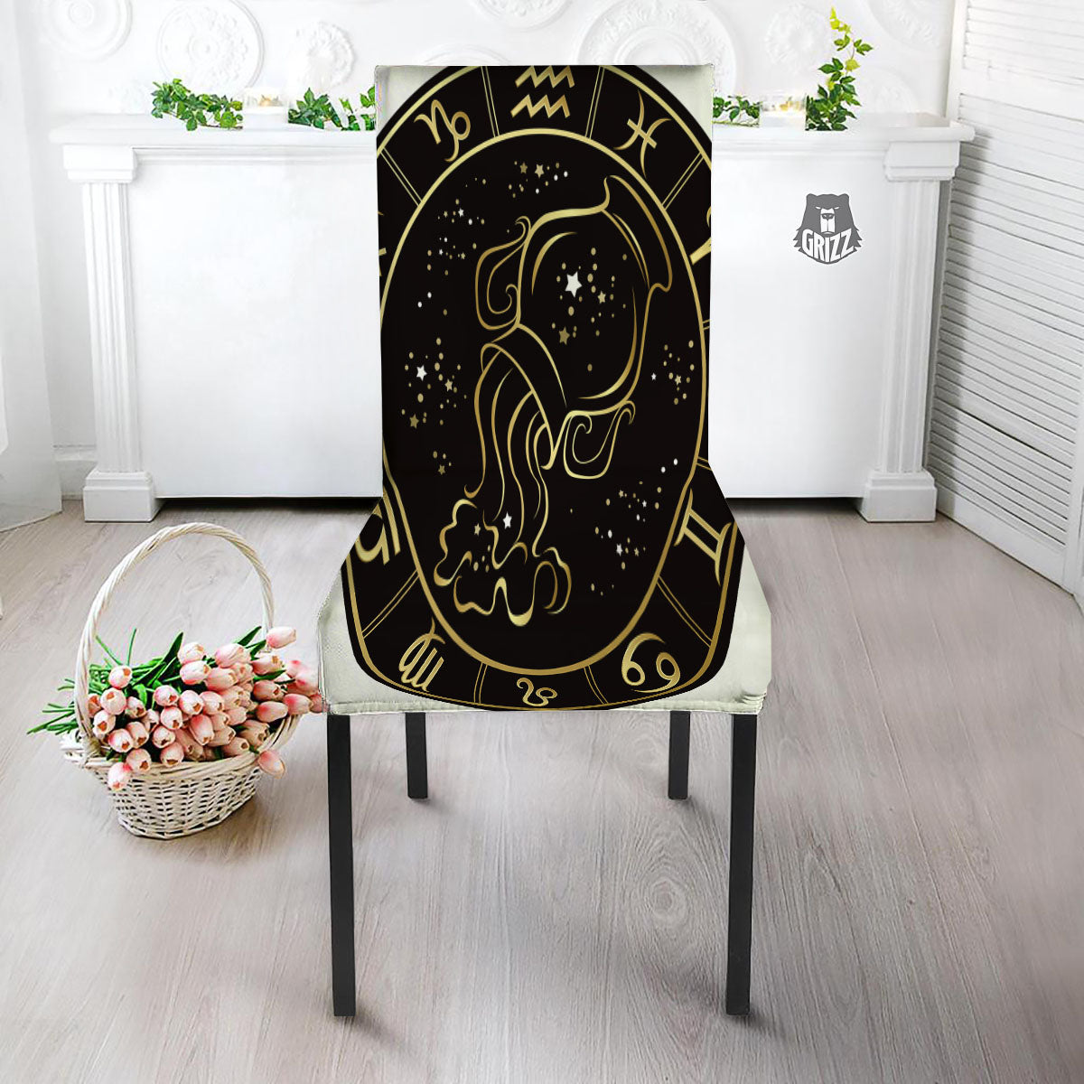 Aquarius Sign Black And Gold Print Dining Chair Slipcover-grizzshop