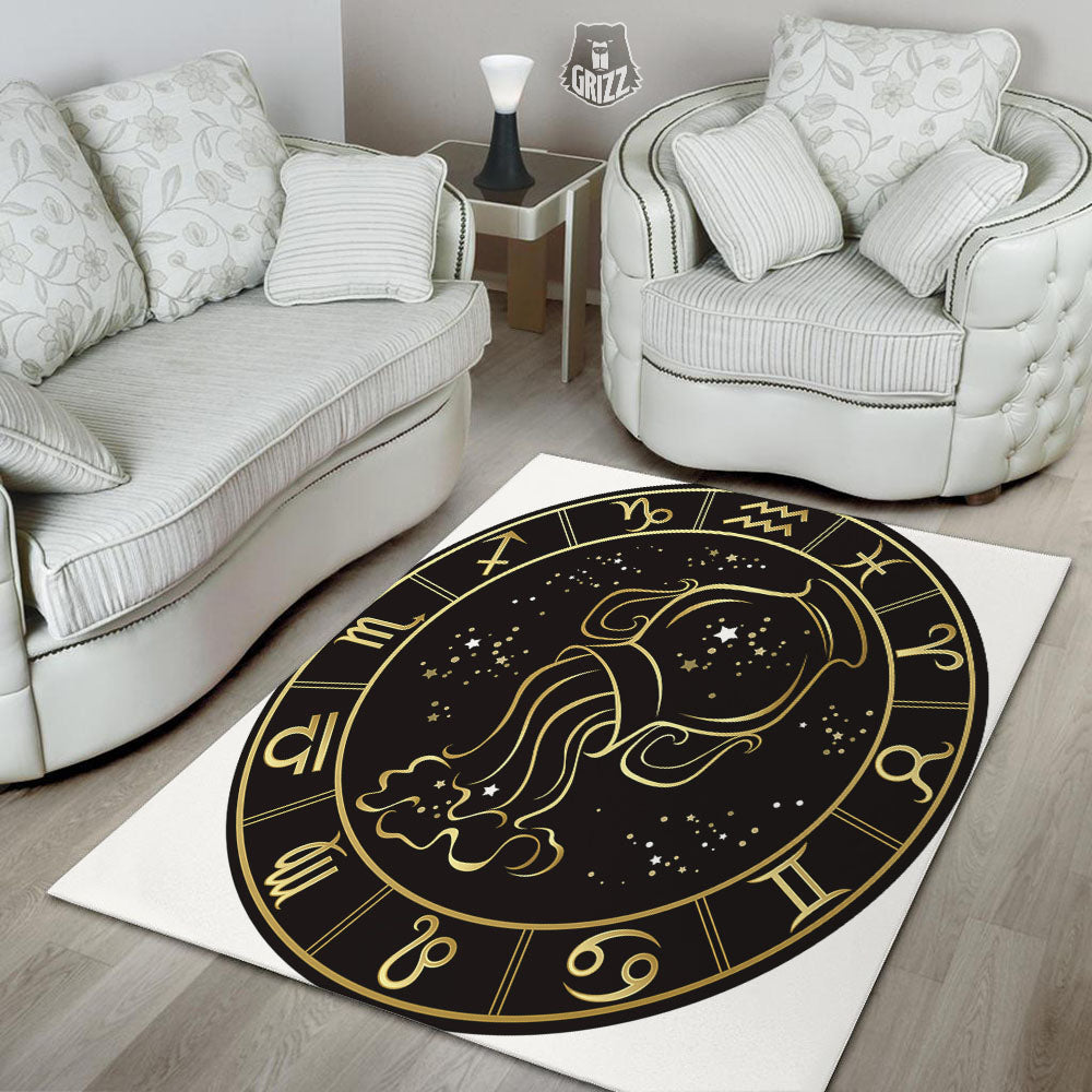 Aquarius Sign Black And Gold Print Floor Mat-grizzshop