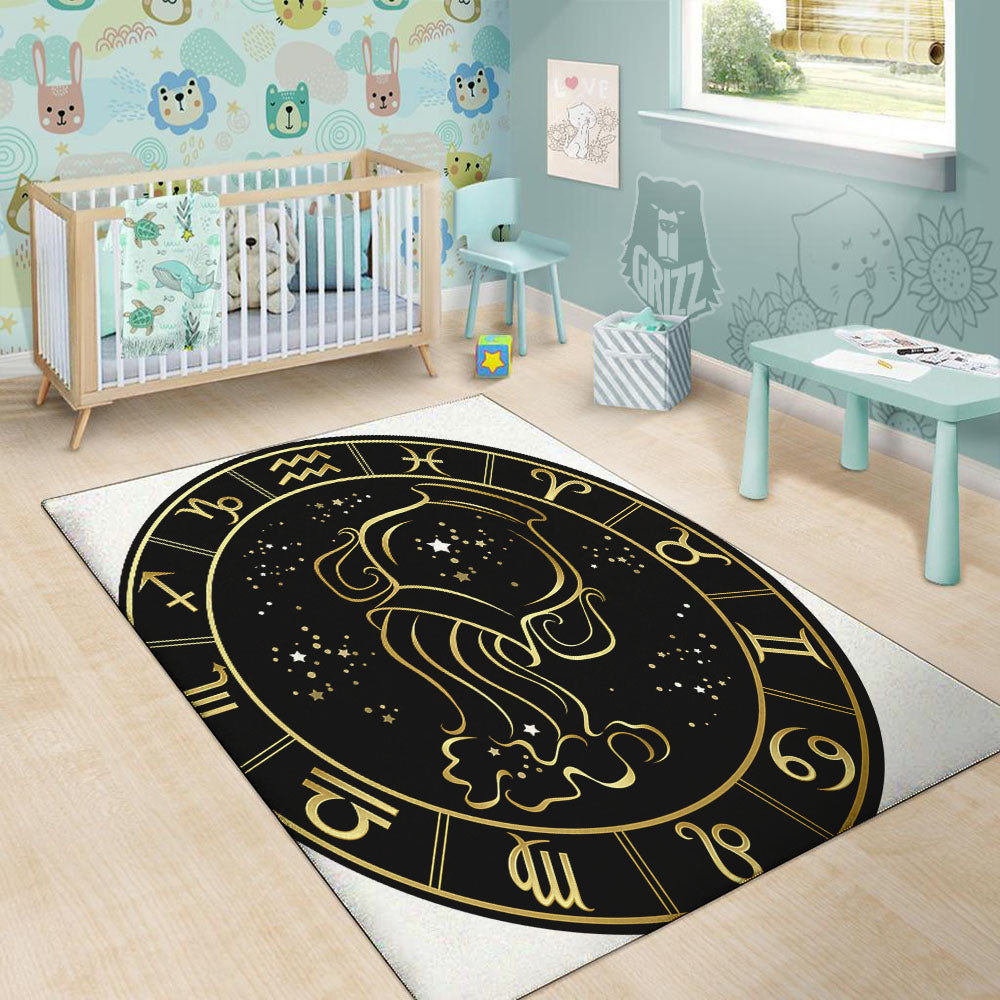 Aquarius Sign Black And Gold Print Floor Mat-grizzshop