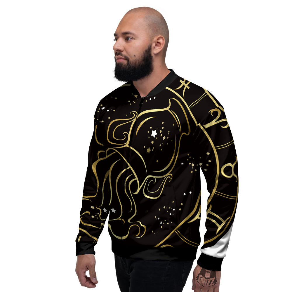 Aquarius Sign Black And Gold Print Men's Bomber Jacket-grizzshop