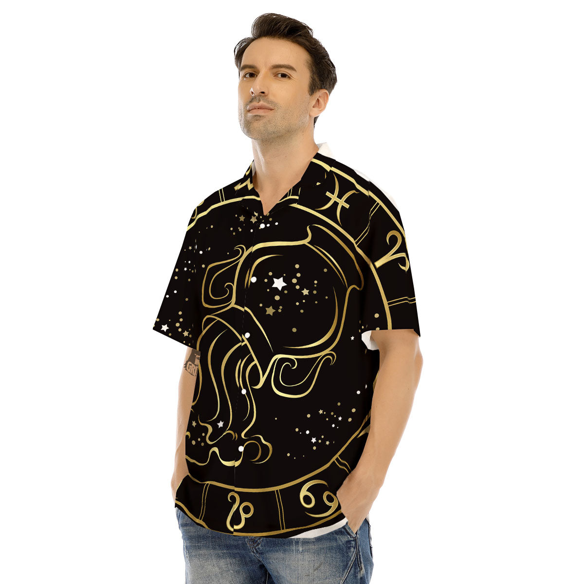 Aquarius Sign Black And Gold Print Men's Hawaiian Shirt-grizzshop