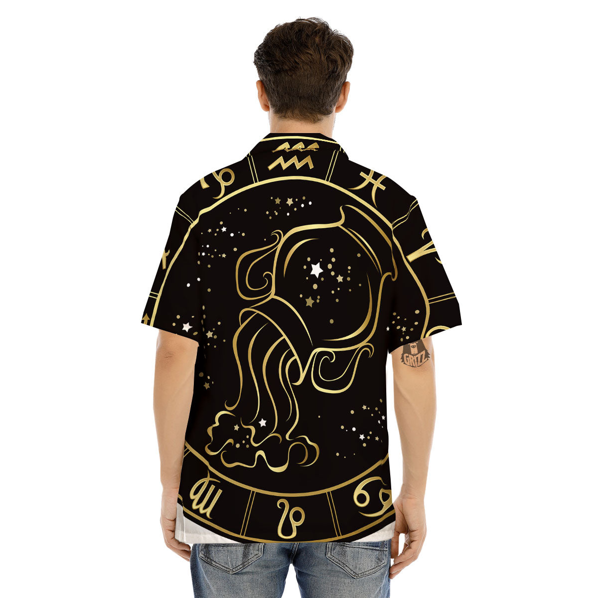 Aquarius Sign Black And Gold Print Men's Hawaiian Shirt-grizzshop