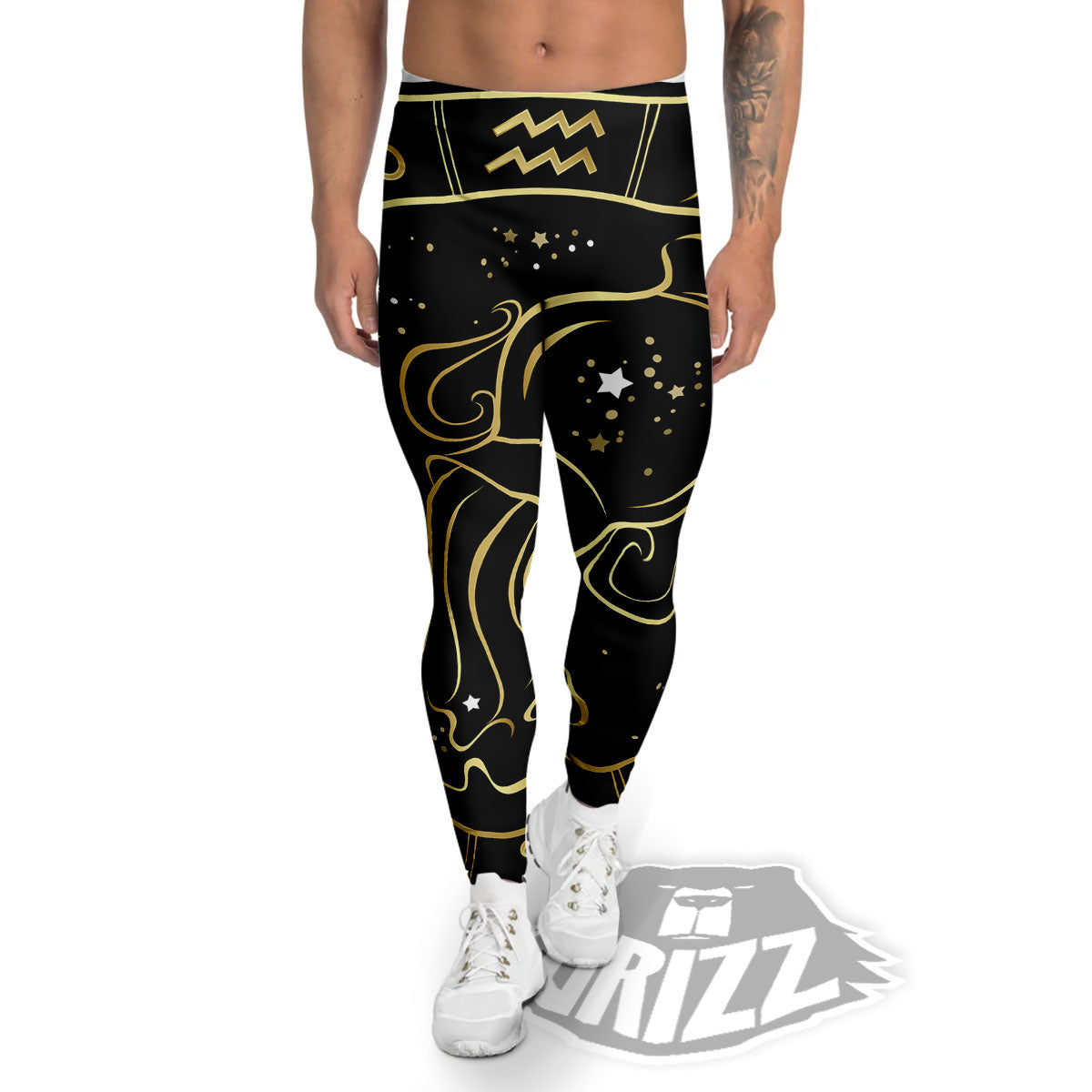 Aquarius Sign Black And Gold Print Men's Leggings-grizzshop