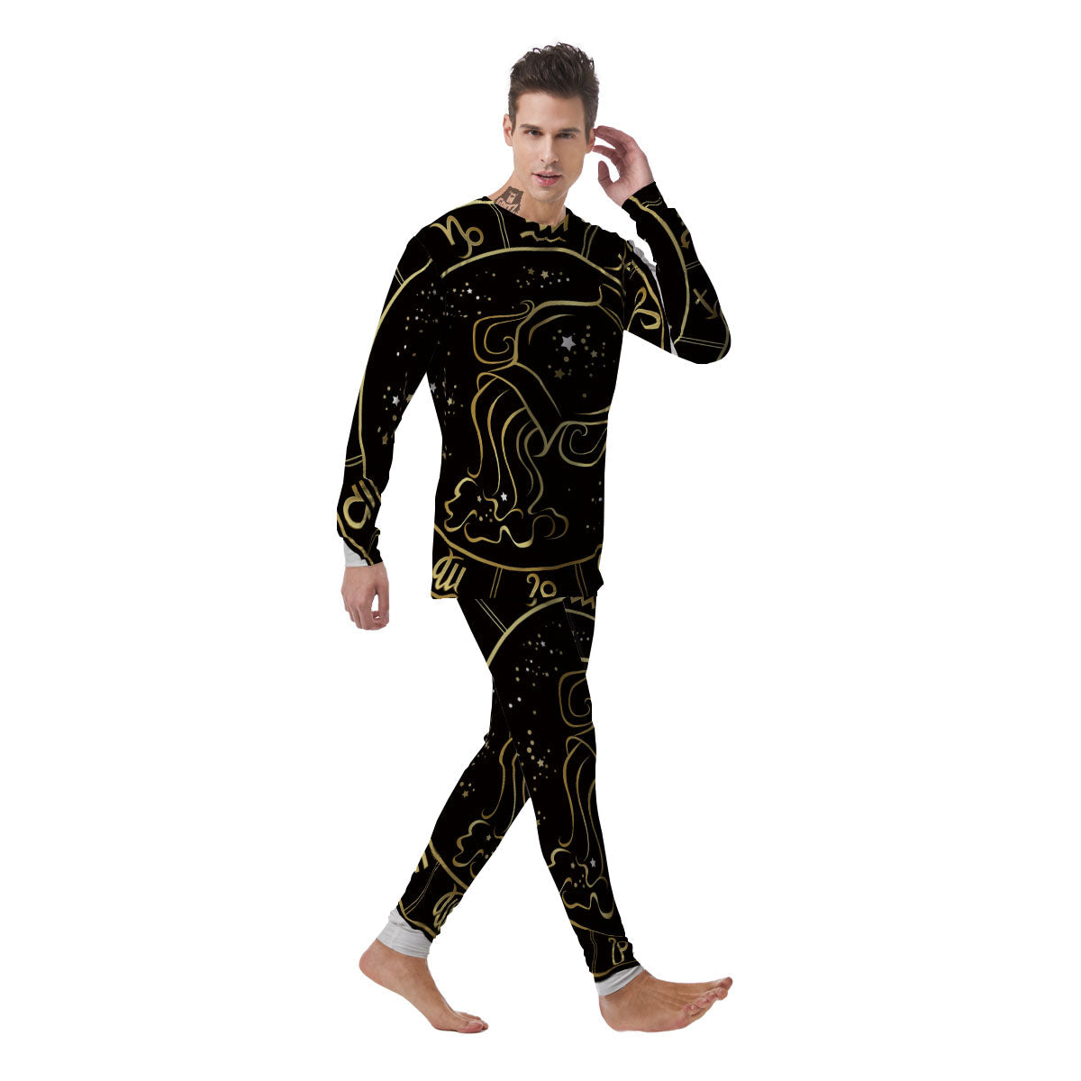 Aquarius Sign Black And Gold Print Men's Pajamas-grizzshop