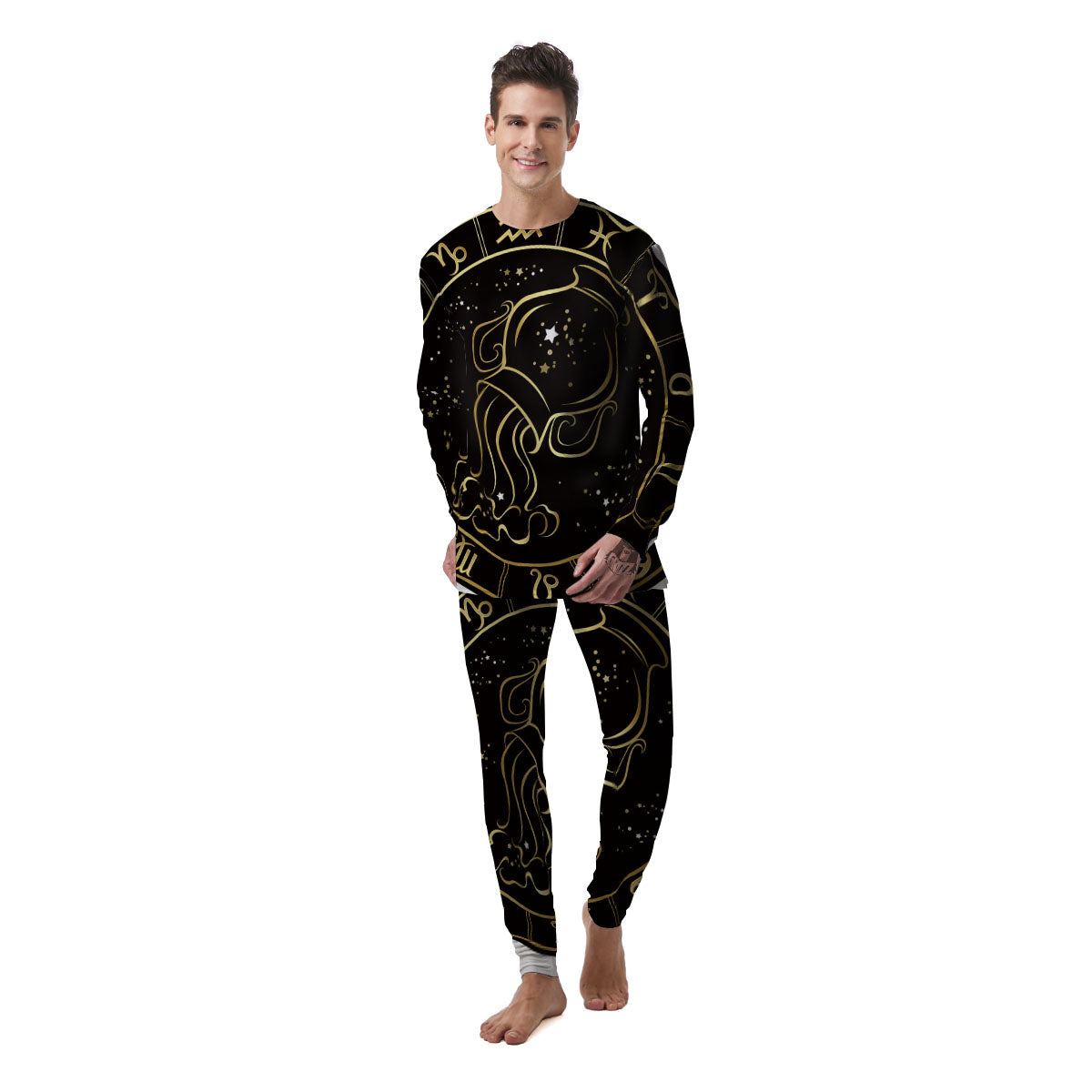 Aquarius Sign Black And Gold Print Men's Pajamas-grizzshop
