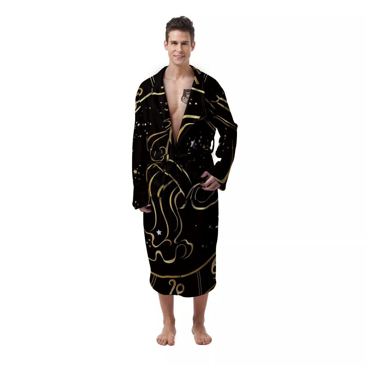 Aquarius Sign Black And Gold Print Men's Robe-grizzshop