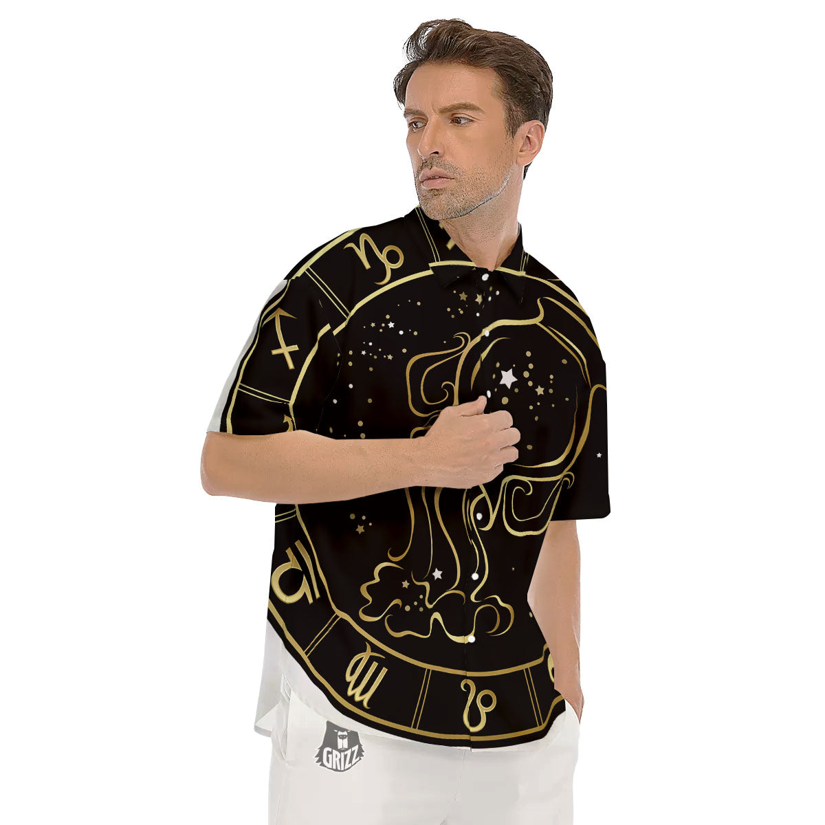 Aquarius Sign Black And Gold Print Men's Short Sleeve Shirts-grizzshop