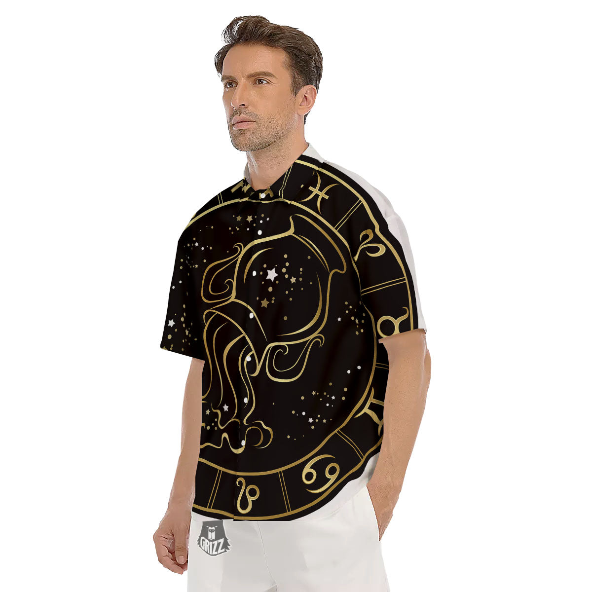 Aquarius Sign Black And Gold Print Men's Short Sleeve Shirts-grizzshop