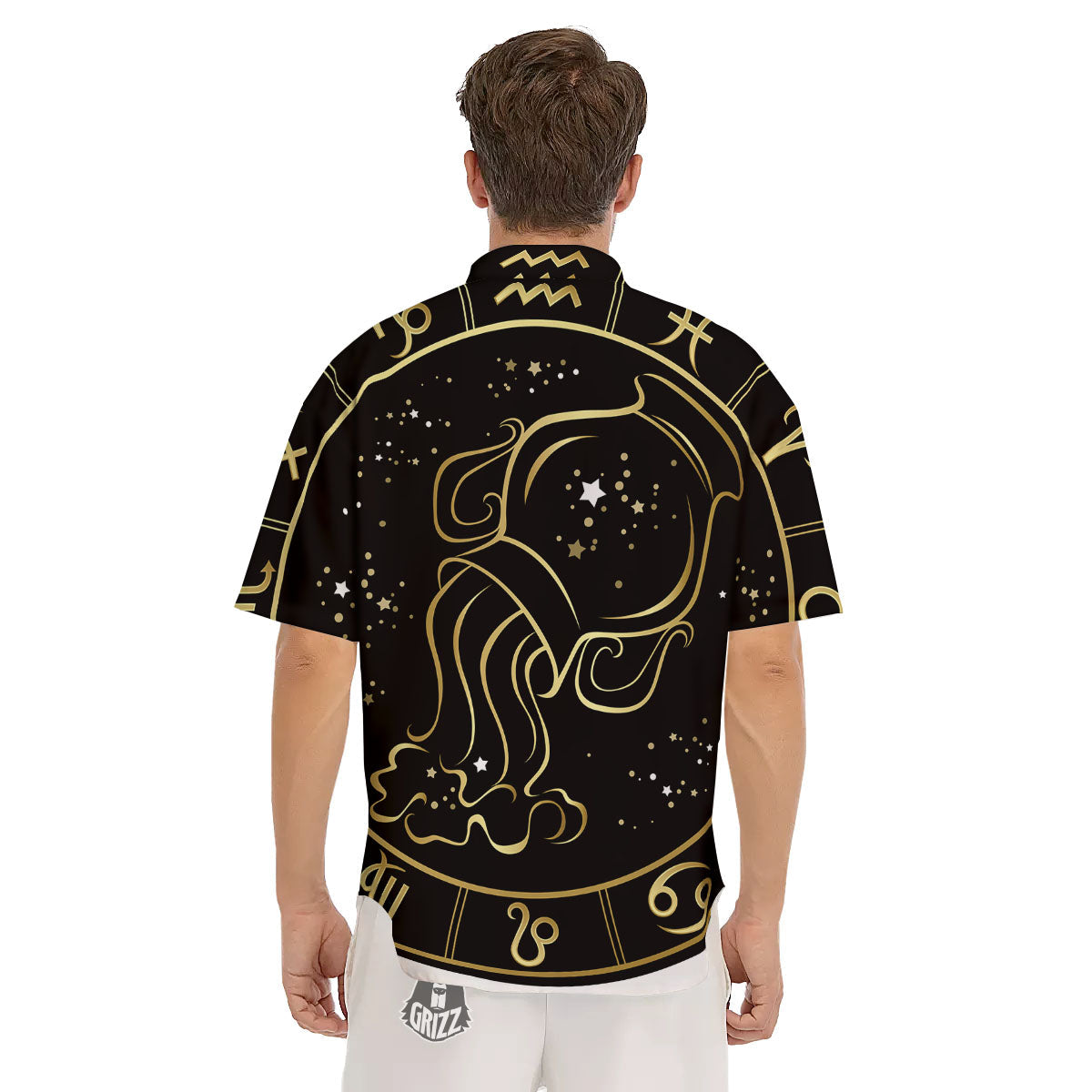 Aquarius Sign Black And Gold Print Men's Short Sleeve Shirts-grizzshop