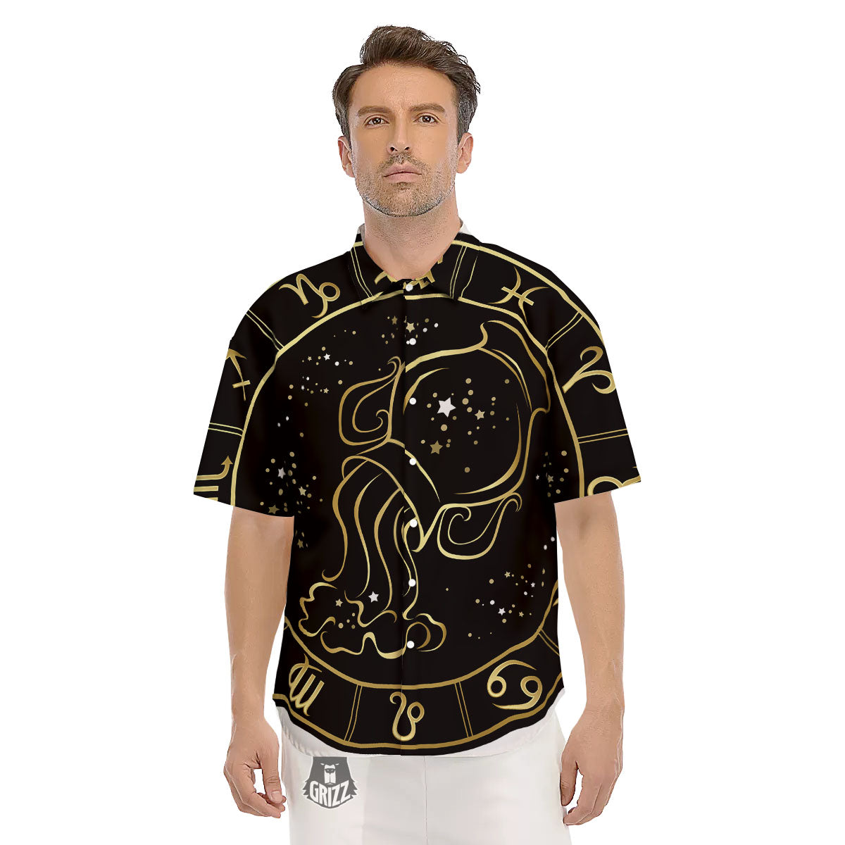 Aquarius Sign Black And Gold Print Men's Short Sleeve Shirts-grizzshop