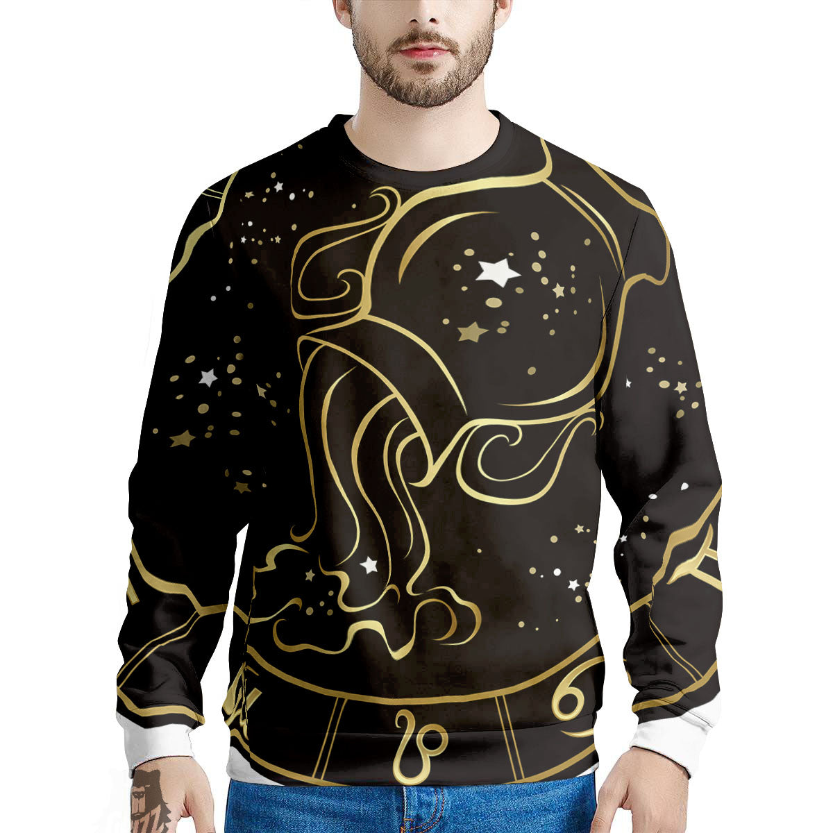 Aquarius Sign Black And Gold Print Men's Sweatshirt-grizzshop